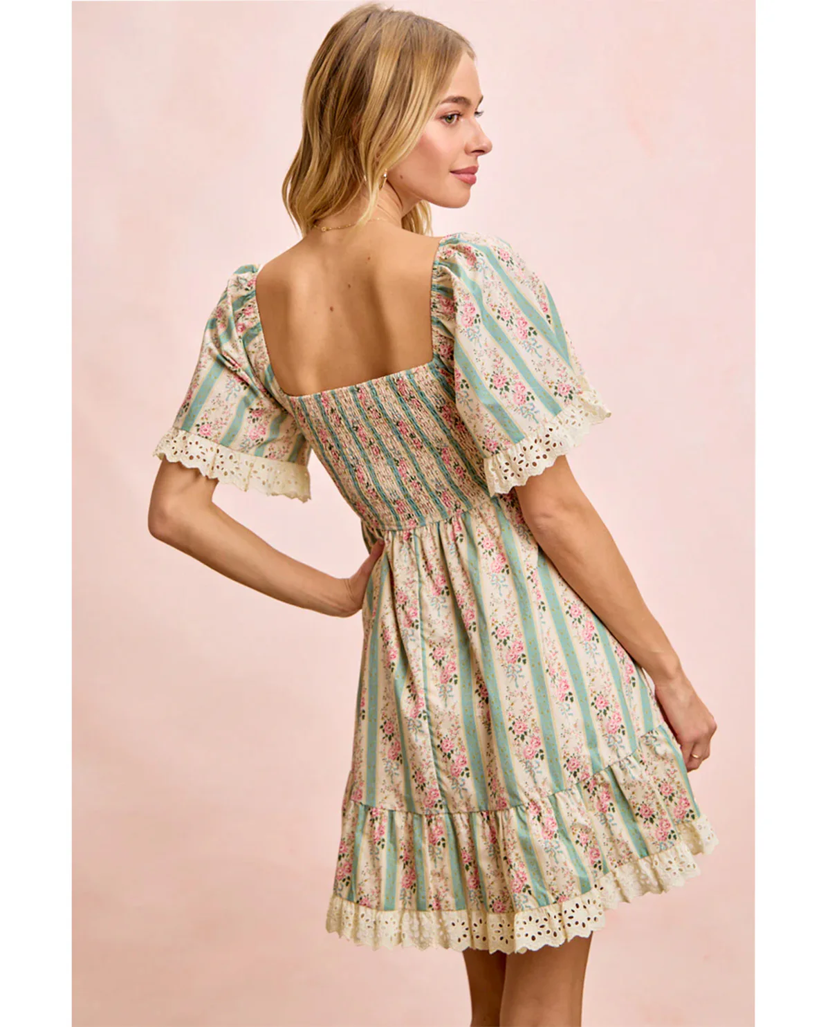 Bibi Stripe Floral Smocked Dress Teal - Image 3