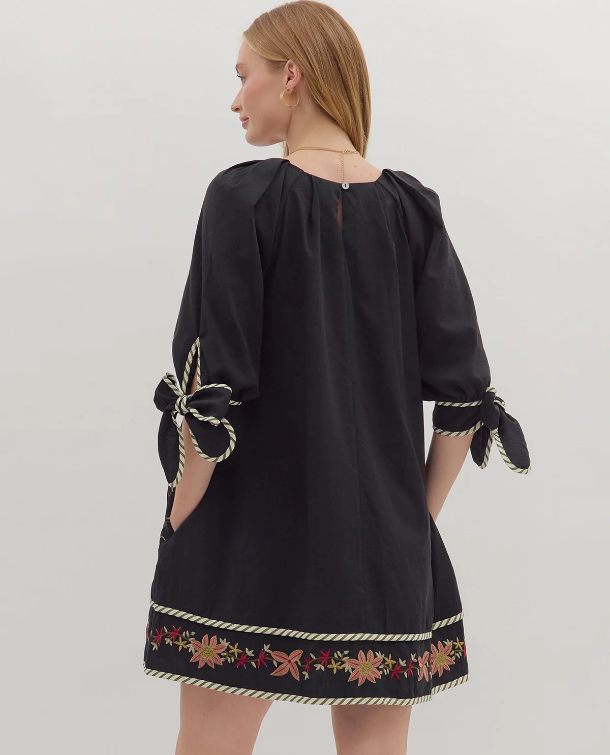 Entro 3/4 Sleeve Embroidered Dress with Tie Sleeve - Image 3