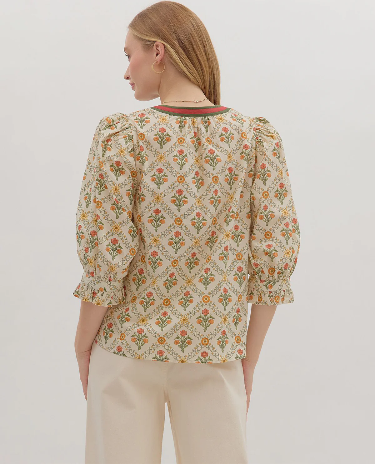 Entro Print Split Neck Top with Contrast - Image 3