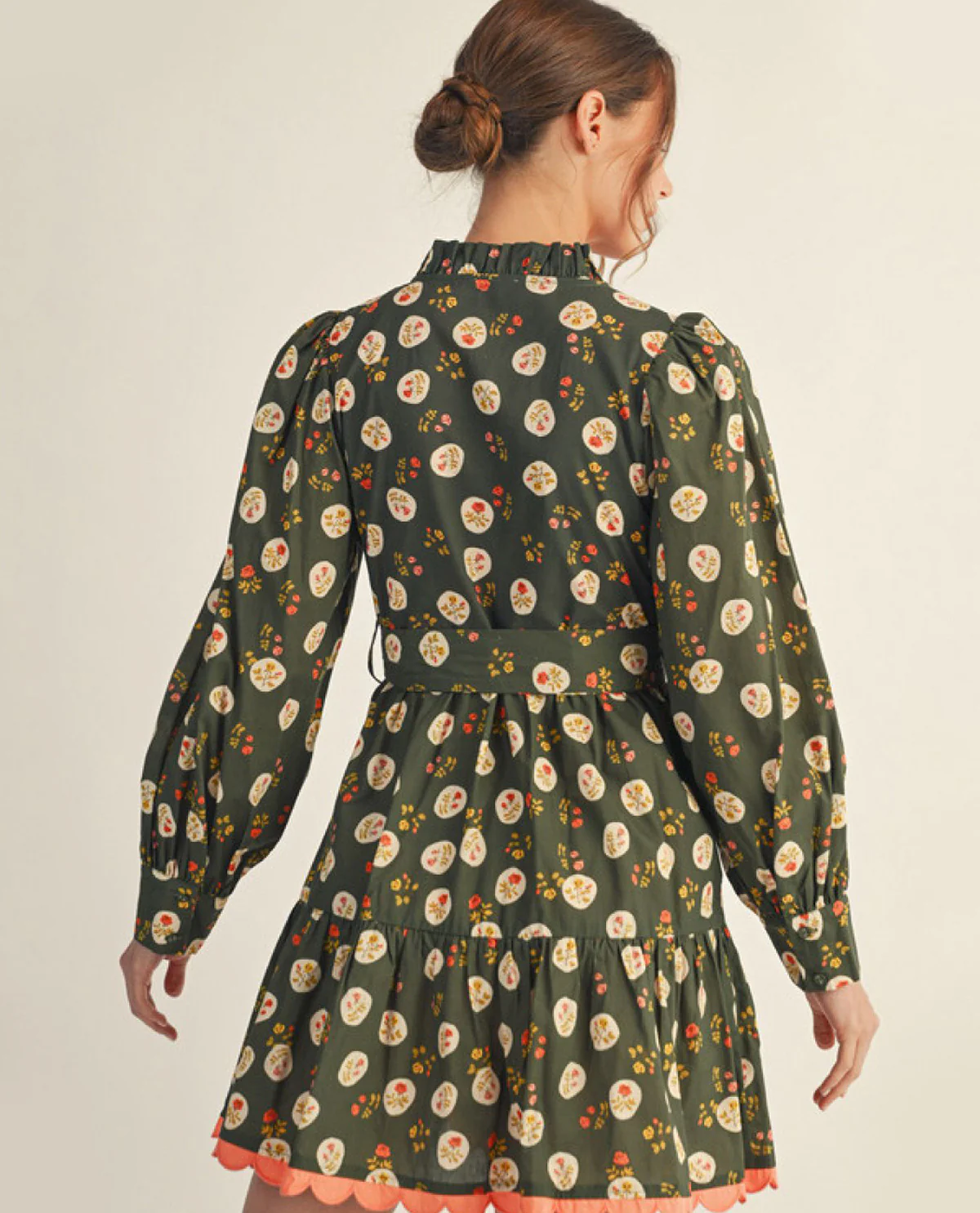 Long Sleeves Button Down Floral Dress with Side Pockets and Waist Tie - Image 3
