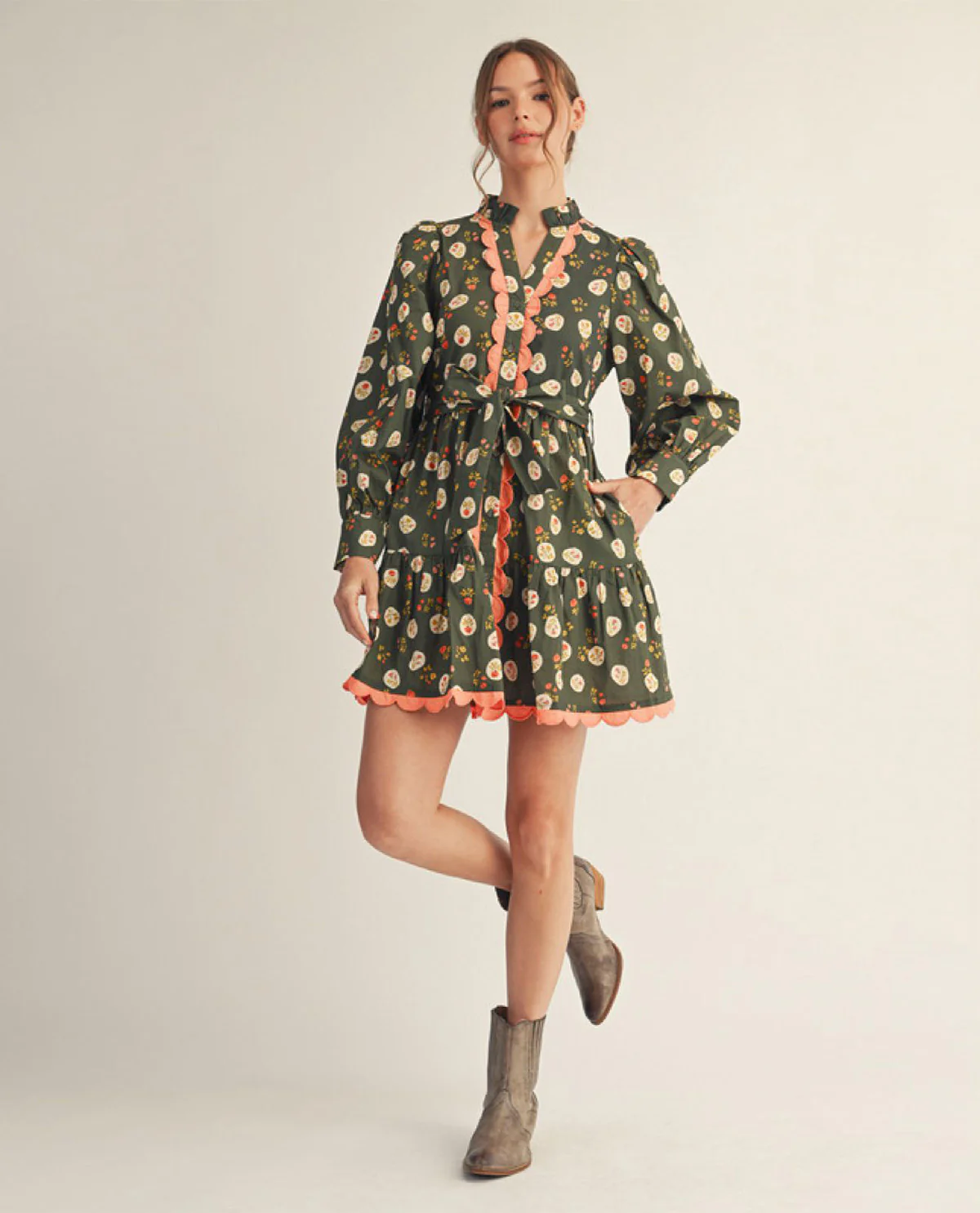 Long Sleeves Button Down Floral Dress with Side Pockets and Waist Tie - Image 4
