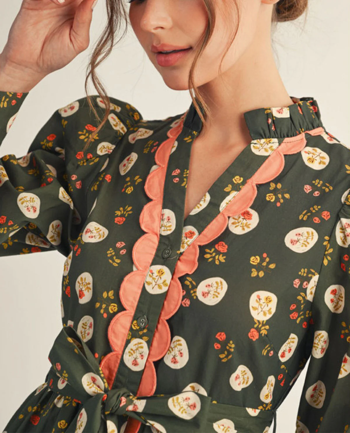 Long Sleeves Button Down Floral Dress with Side Pockets and Waist Tie - Image 5