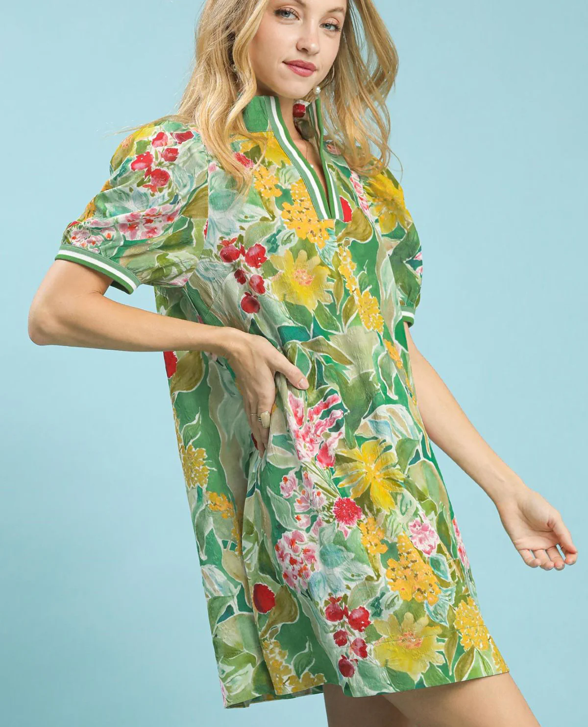 Jacquard Print Print Mini Dress with V-neckline Striped Contrast Trim Collar - Image 4