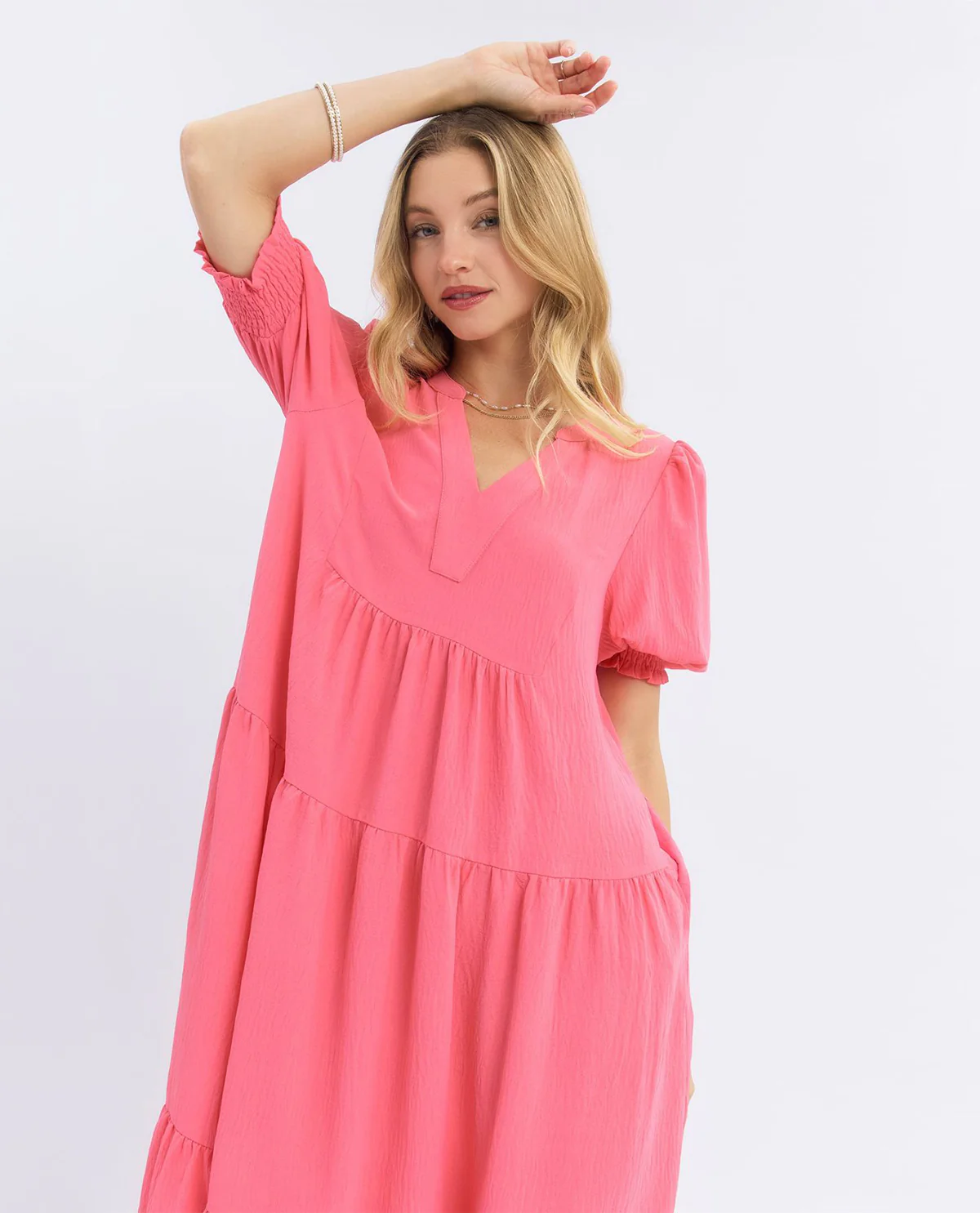 Solid V-neck Tiered Dress - Image 3